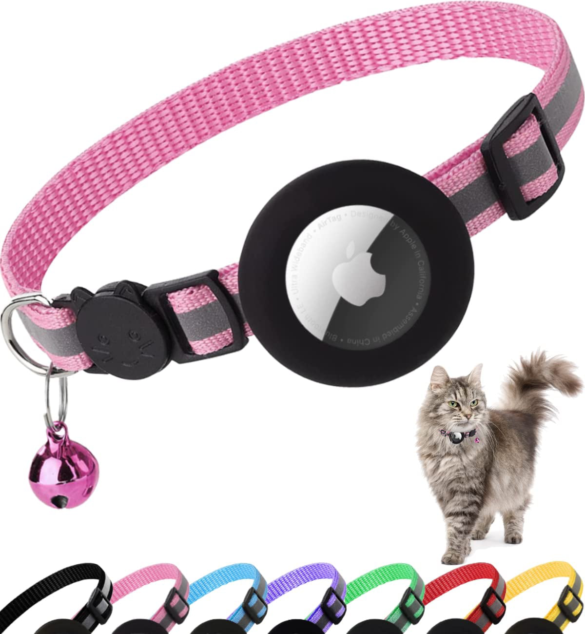 Airtag Cat Collar Breakaway， Reflective Kitten Collar with Apple Air Tag Holder and Bell for Girl Boy Cats， 0.4 Inches in Width and Lightweight