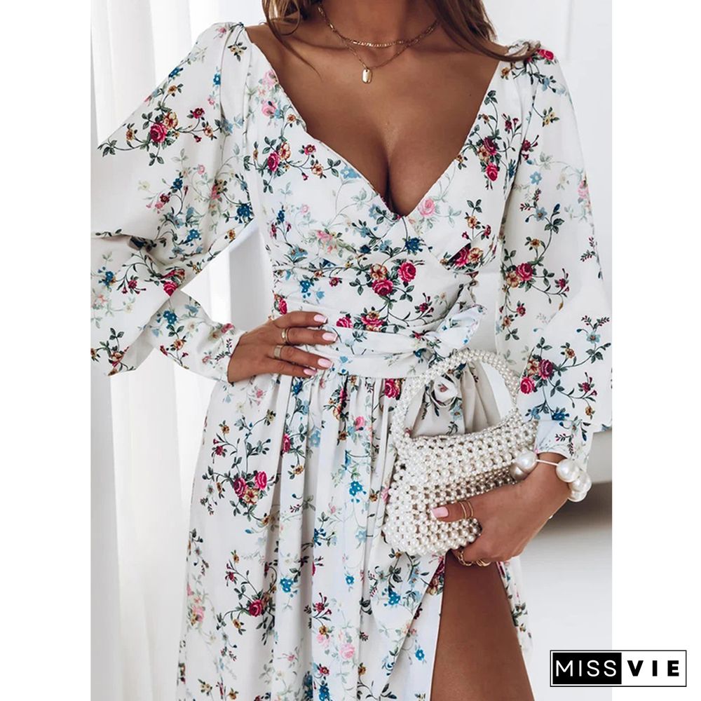 Floral Print Hem Split Dresses Women Summer Dresses New V Neck Wrap Chest Long Sleeve High Waist A-line Maxi Dress