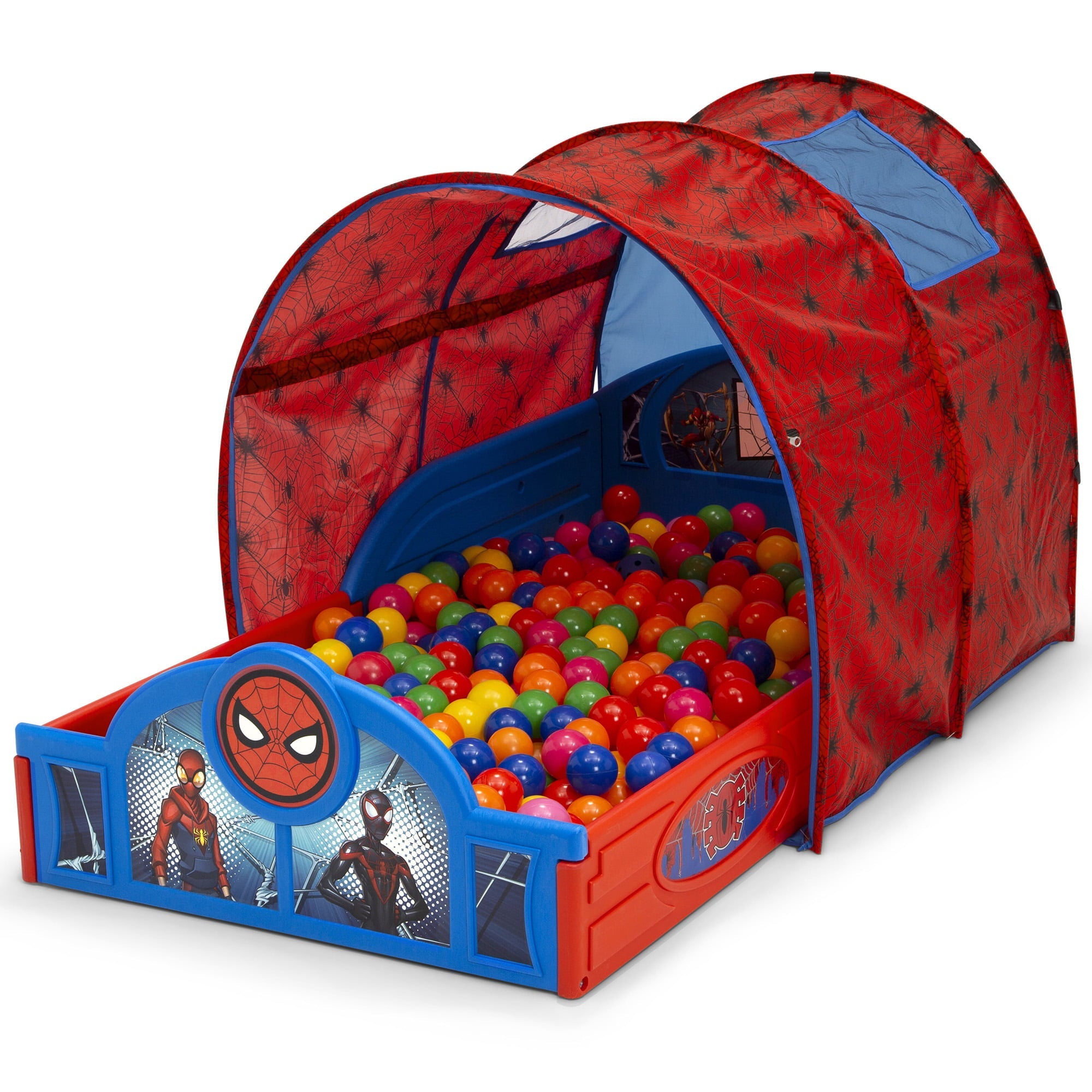 Marvel Spider-Man Sleep and Play Toddler Bed with Tent and Built-In Guardrails by Delta Children