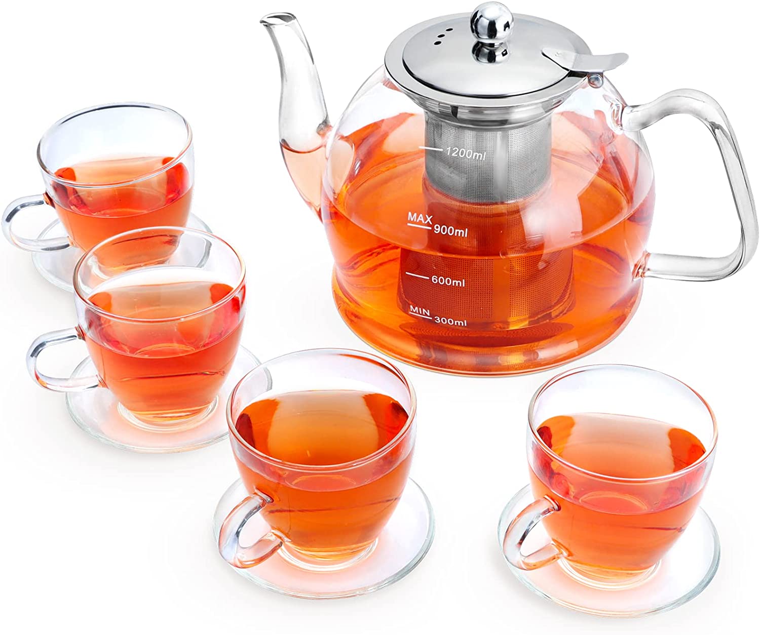 MINO ANT Tea Set ¨C 1200ml Glass Teapot with Removable Stainless Steel Infuser, and 4 Glass Teacups, Stovetop Safe Tea Kettle Gift Set, Blooming and Loose Leaf Tea Maker Set