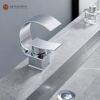 Mondawe Luxury C Waterfall Single Lever Handle Arc Spout Single-Hole Bathroom Sink Faucet with Pop-up Drain in Polish Chrome WF-1381-C