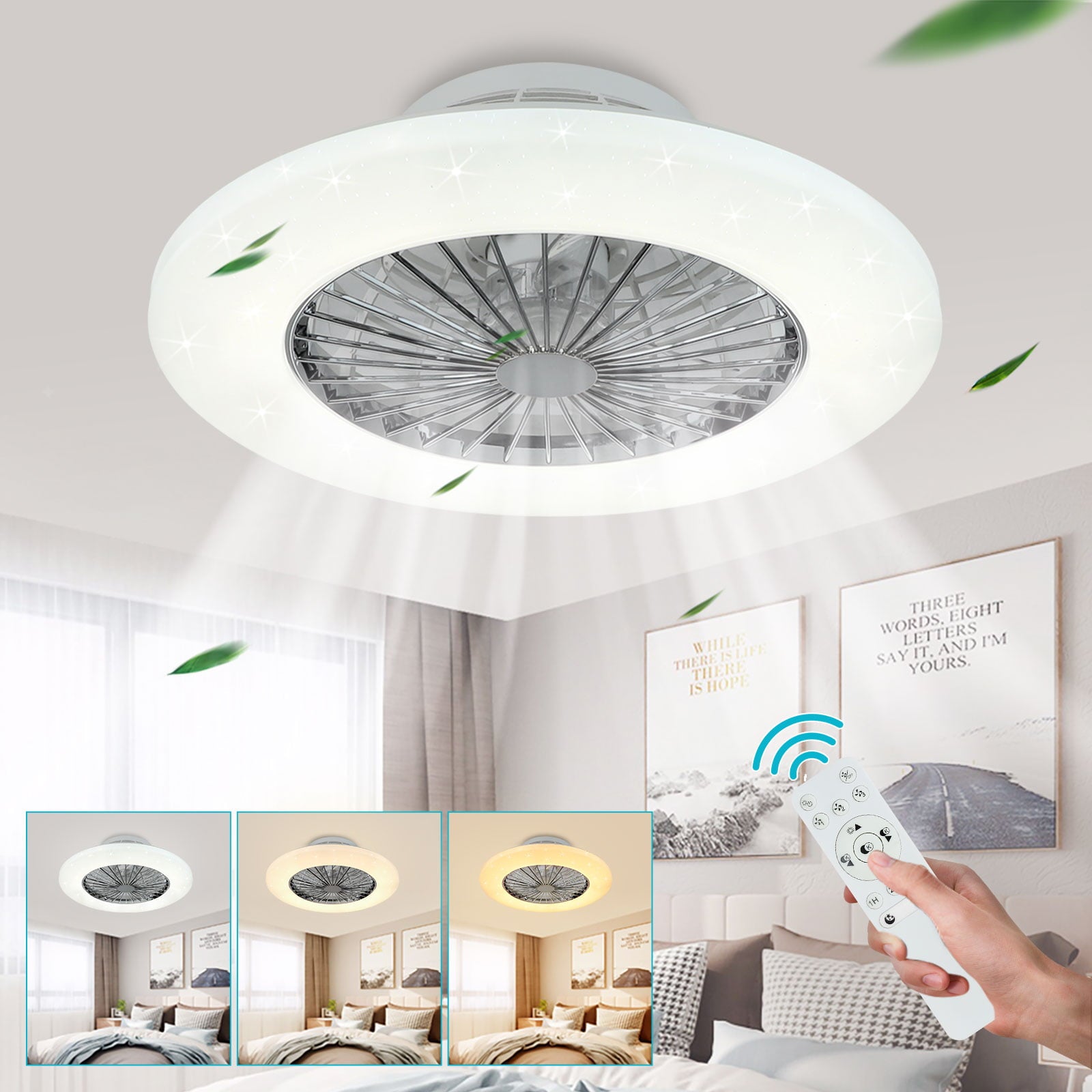 Depuley Ceiling Fan with Lights with Remote Control， Modern Flush Mount Bladeless Ceiling Fan for Kid's Bedroom Living Room Kitchen，3 Color and 3 speeds Enclosed Low Profile Ceiling Fans，Timing