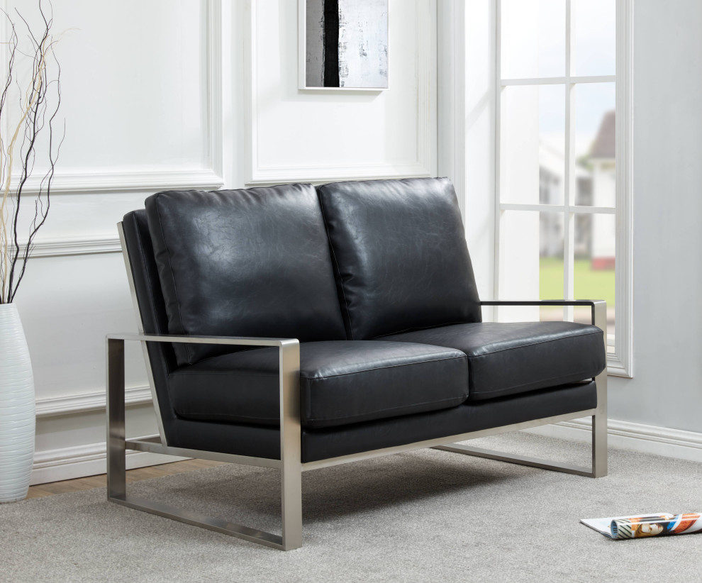 LeisureMod Jefferson Modern Faux Leather Loveseat With Silver Frame   Contemporary   Loveseats   by LeisureMod  Houzz