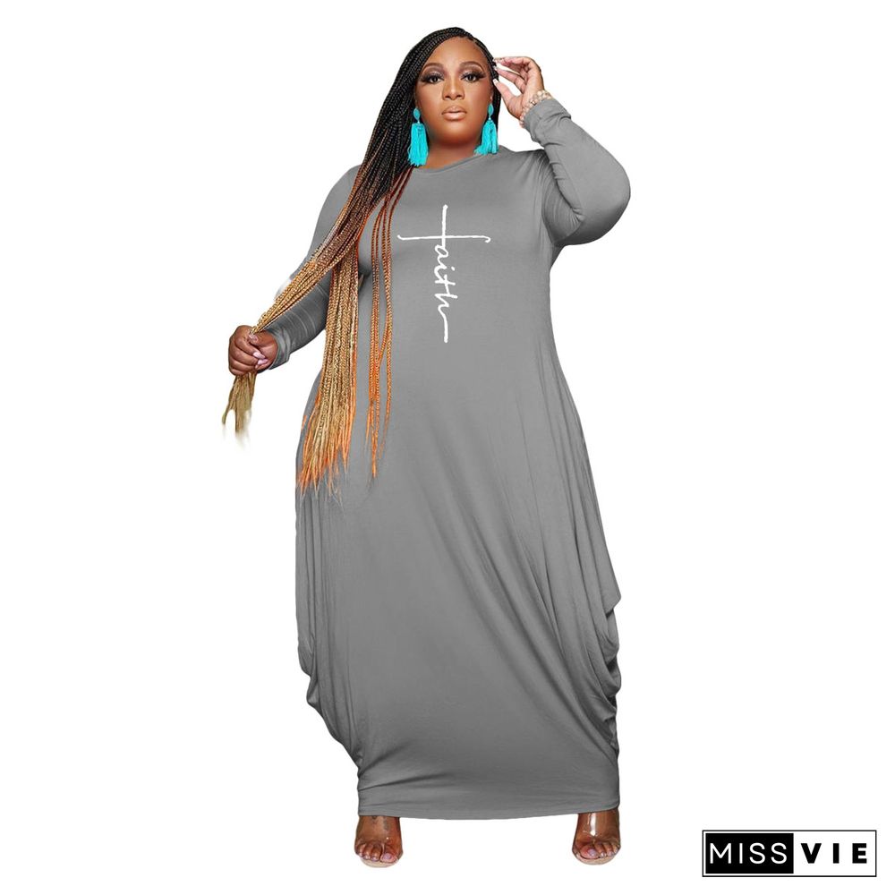 Plus Size Letter Print Long Sleeve O Neck Loose Dress