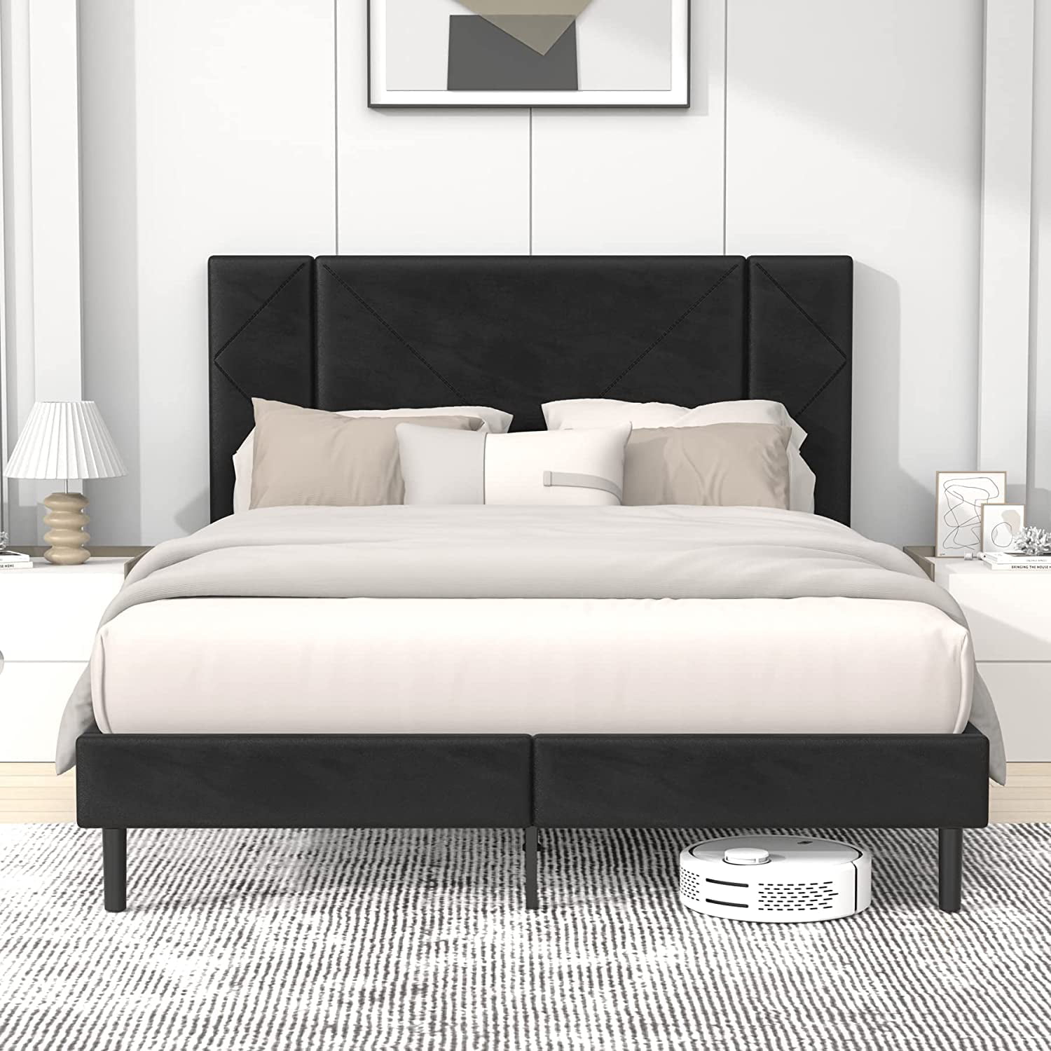 Flolinda Queen Bed Frame, Queen Size Platform with Upholstered Tufted Velvet Headboard, Black, Velvet