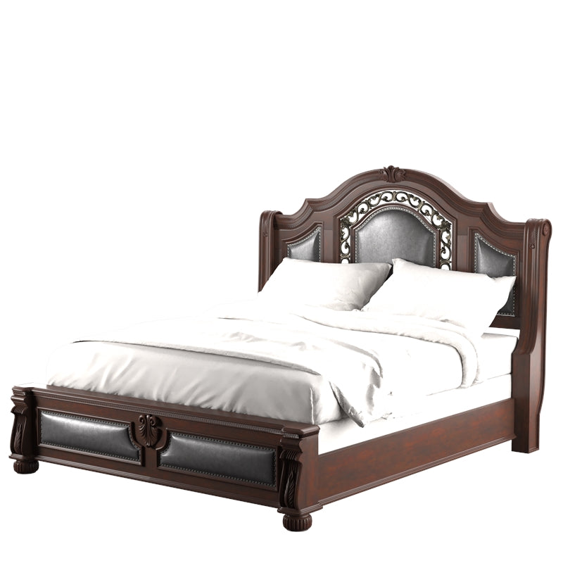 Furniture of America Eleo Traditional Faux Leather Panel Bed, King, Brown Cherry