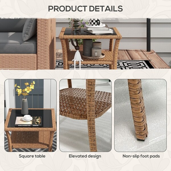 Rattan Side Table，Outdoor End Table with Storage Shelf，Aluminum Frame Square，Coffee Table with Tempered Glass Top