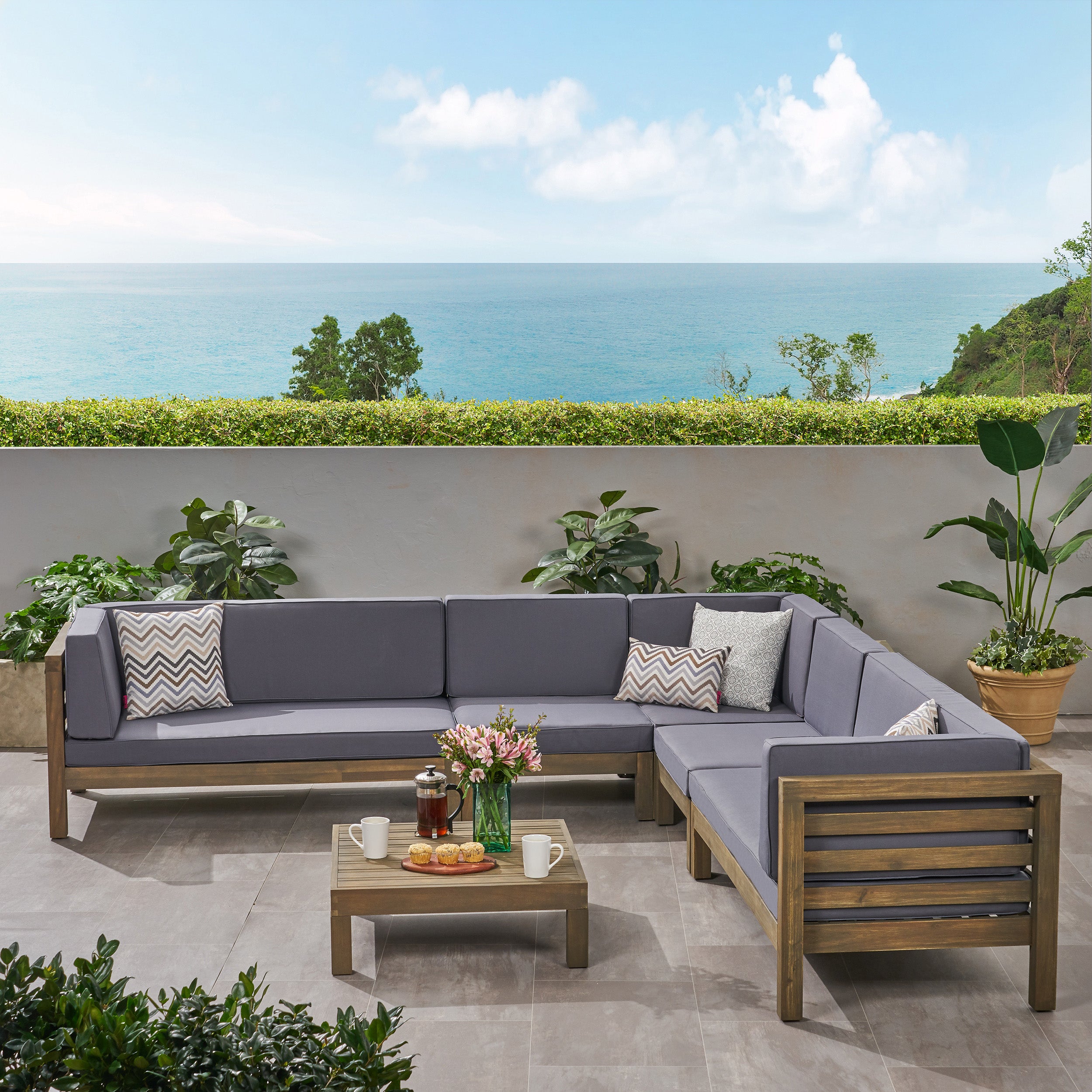 Emma Outdoor 7 Seater Acacia Wood Sectional Sofa Set