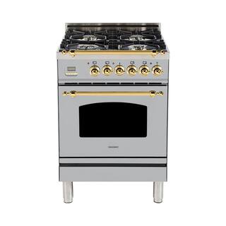 Hallman 24 in. 2.4 cu. ft. Single Oven Italian Gas Range with True Convection 4 Burners Brass Trim in Stainless Steel HGR24BSSS