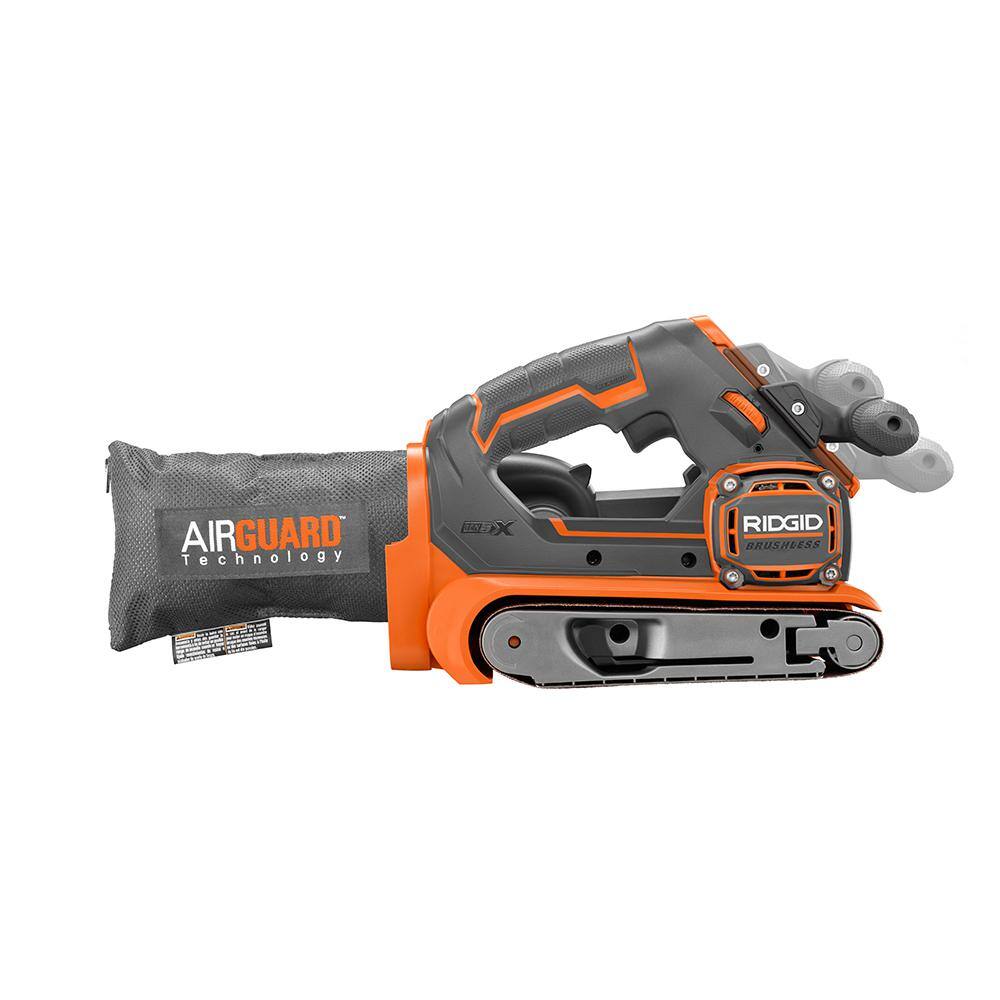 RIDGID 18V Brushless Cordless 3 in. x 18 in. Belt Sander with Dust Bag Sanding Belt and 18V Lithium-Ion 4.0 Ah Battery R86065B-AC87004