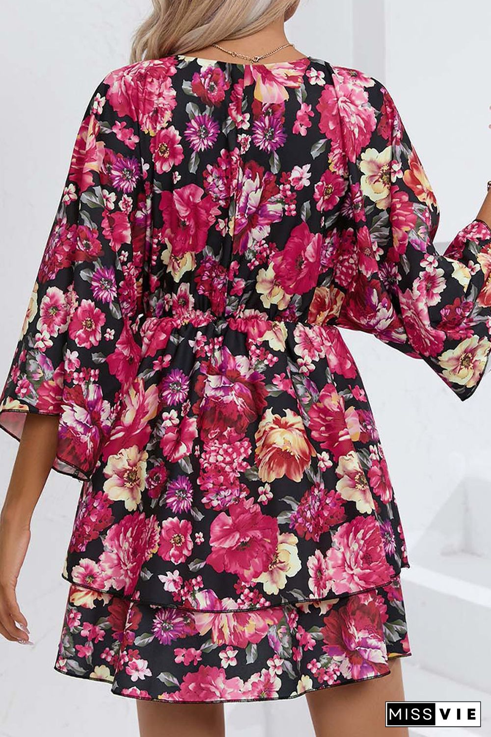 V Neck Drawstring Floral Dress