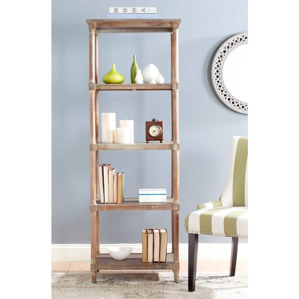 SAFAVIEH Odessa 66.9 in. BrownOff-White Wood 4-shelf Bookcase AMH5721B