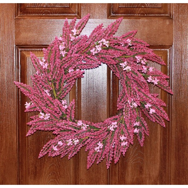 22 Heather Wreath w/ Pink Flowers on Natural Twig Base