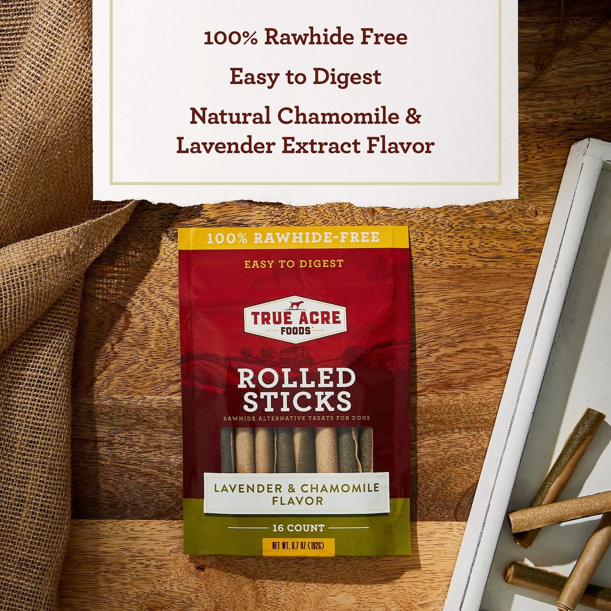 True Acre Foods Rawhide-Free Rolled Sticks Chamomile and Lavender Flavor Treats， 16 count