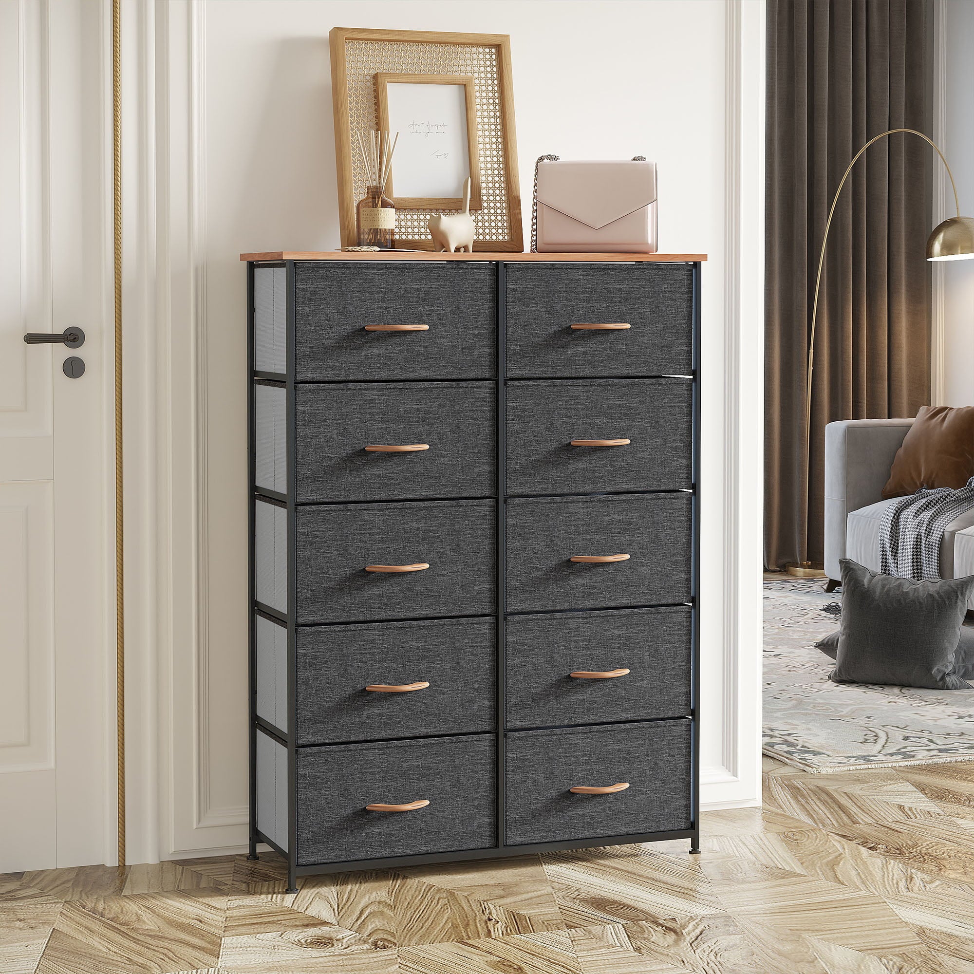 YITAHOME 10 Drawers Dresser Fabric Bedside Organizer Storage Tower Chest for Bedroom, Dark Grey