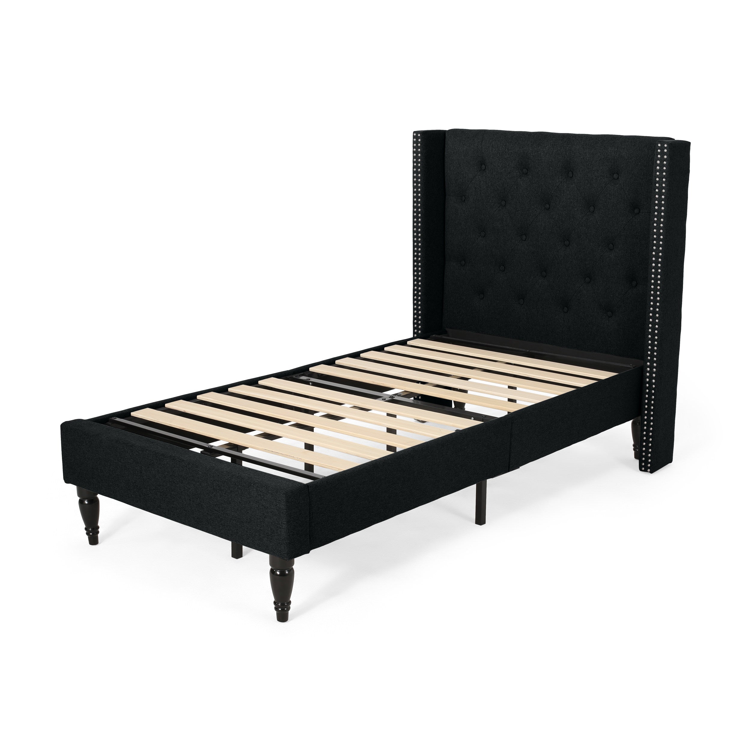 Ray Contemporary Rhinestone-Tufted Wingback Bed Frame with Nailhead Trim