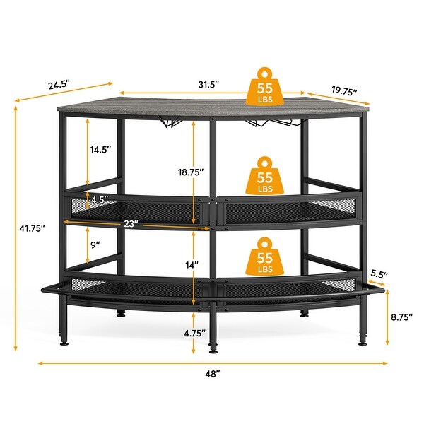 3-Tier Home Bar Unit with Storage Shelf，Wine Liquor Bar Table with Stemware Racks and Footrest for Home Pub