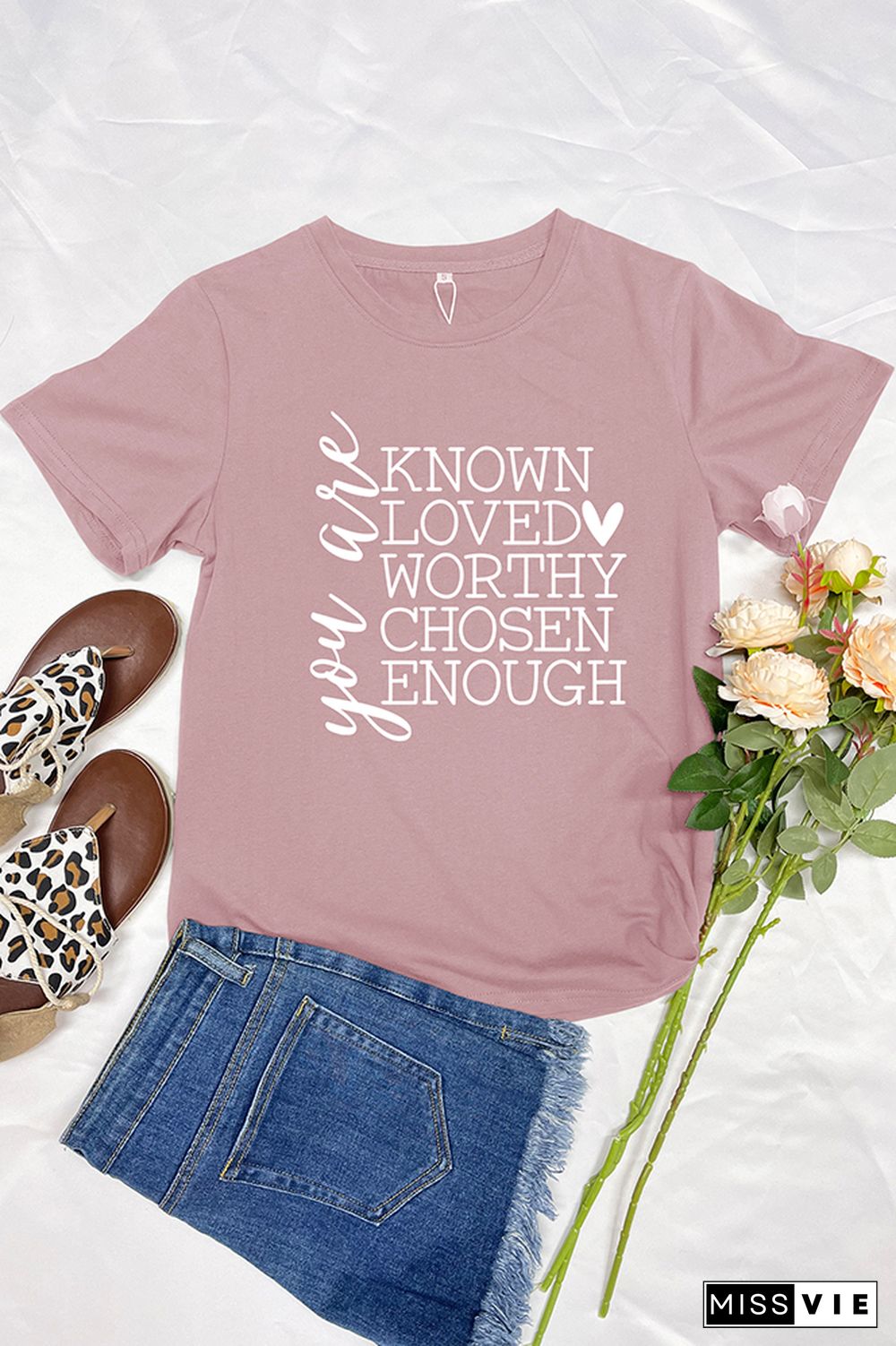 You Are Known, Loved, Worthy, Chosen, Enough Print Christian Graphic Tee Wholesale