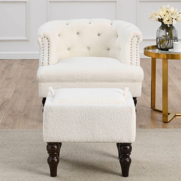 3+1 Combination of Chesterfield 3 Seater Sofa and Chair Modern White Teddy Upholstered Padded Seat with Two Pillows and Nailhead