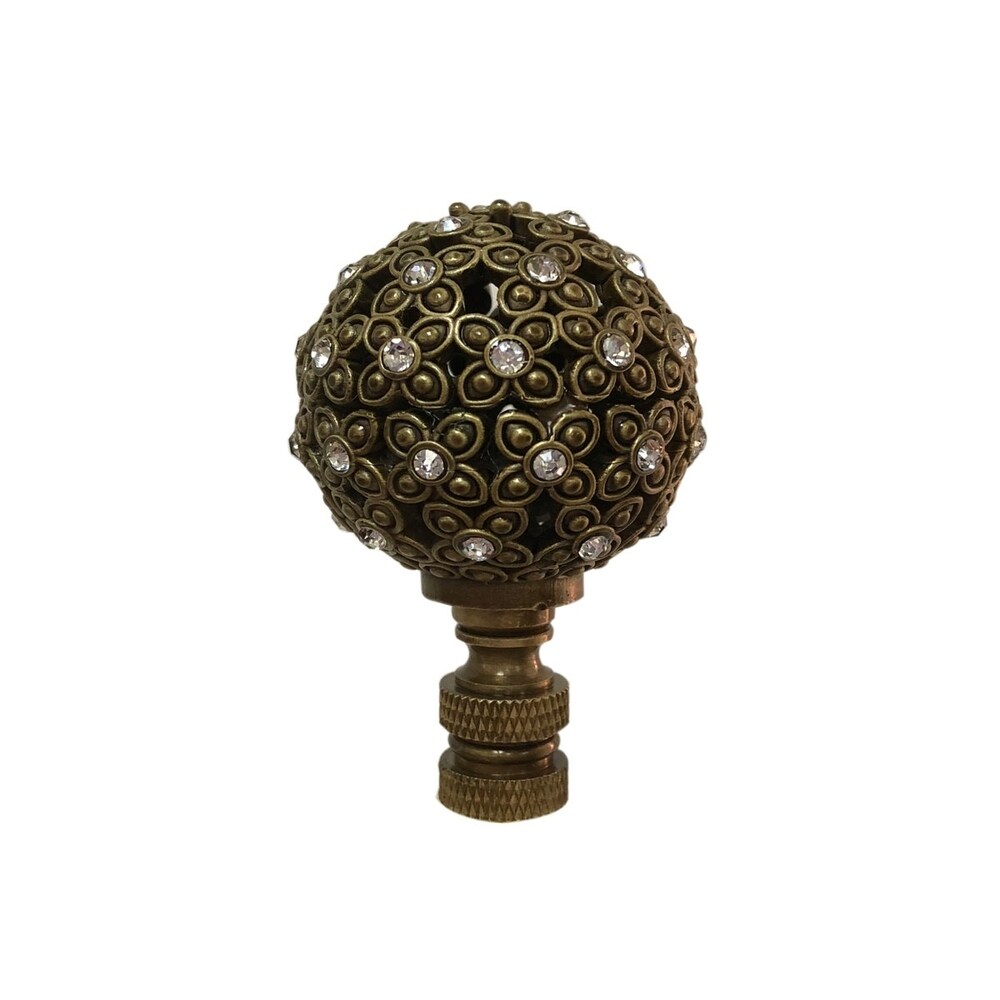 Royal Designs Floral Motif Sphere with Crystal Accents Lamp Finial  Antique Brass  Set of 2