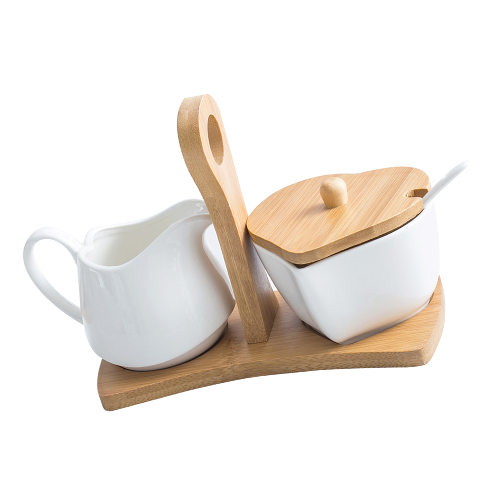 Tinksky Ceramic Sugar Bowl and Cream Pitcher Set with Bamboo Tray and Spoon for Home Hotel