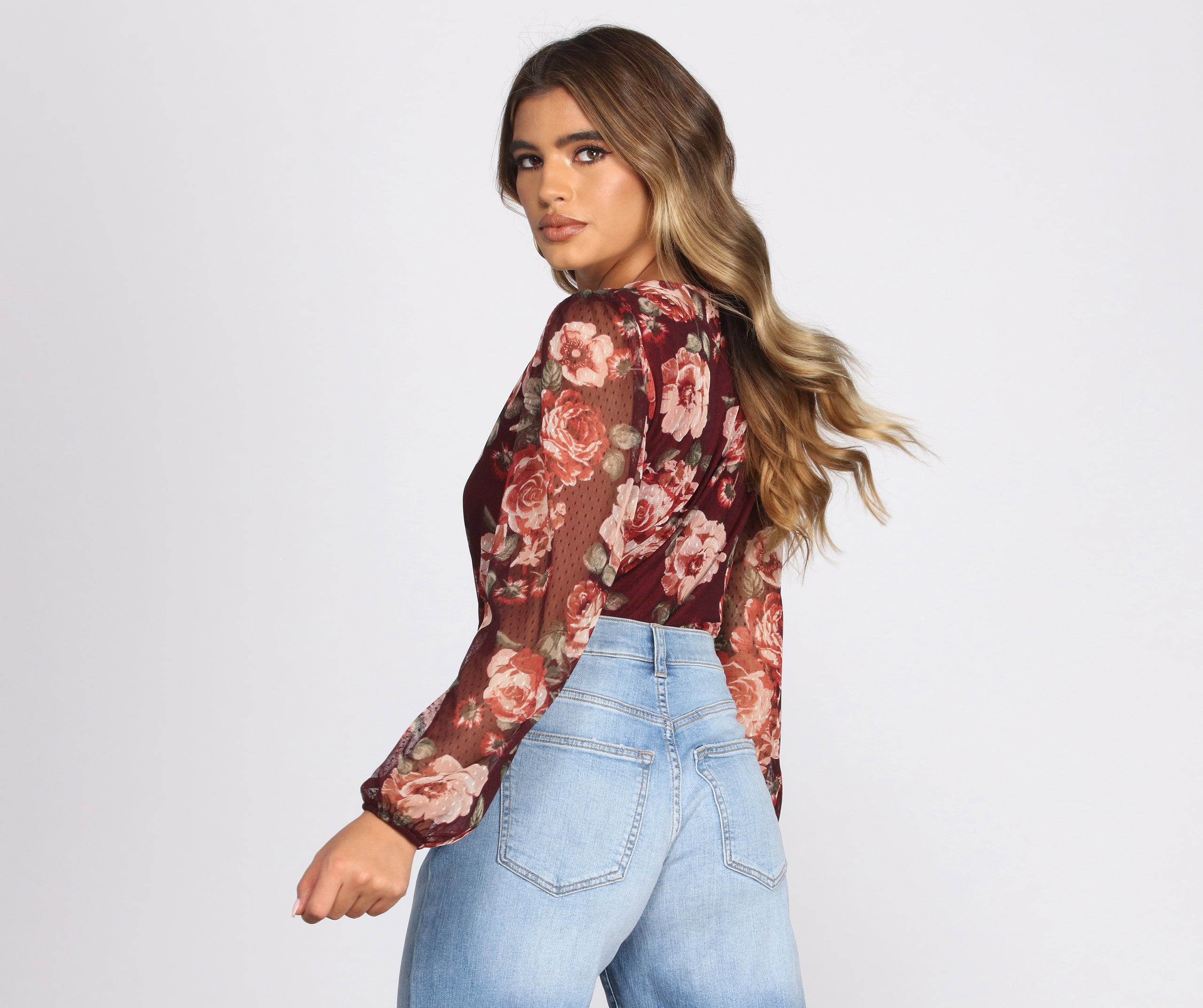 Floral Mesh Surplice Bodysuit