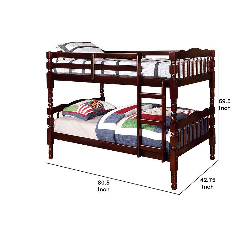 Traditional Bunk Bed with Attached Ladder and Turned Legs， Dark Brown