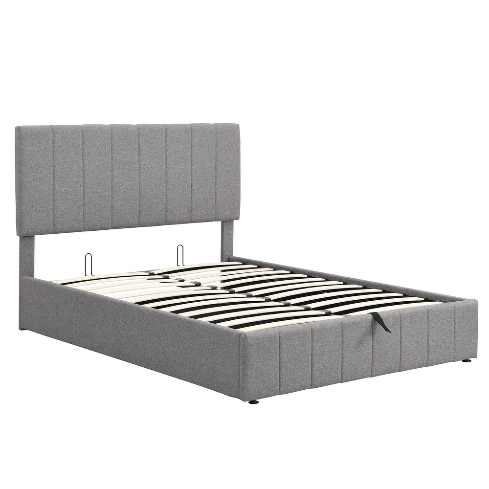 Upholstered Platform Bed with Gas Lift up Storage  Wooden Platform Bed Frame with Tufted Headboard and Hydraulic Storage System