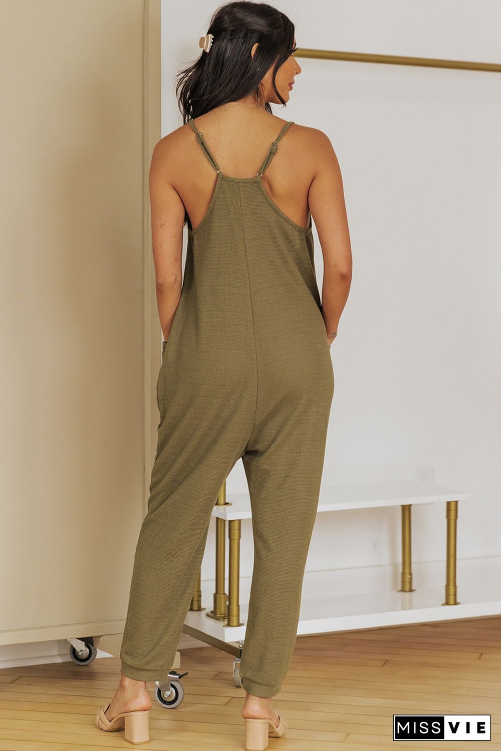 Green Textured Sleeveless V-Neck Pocketed Casual Jumpsuit