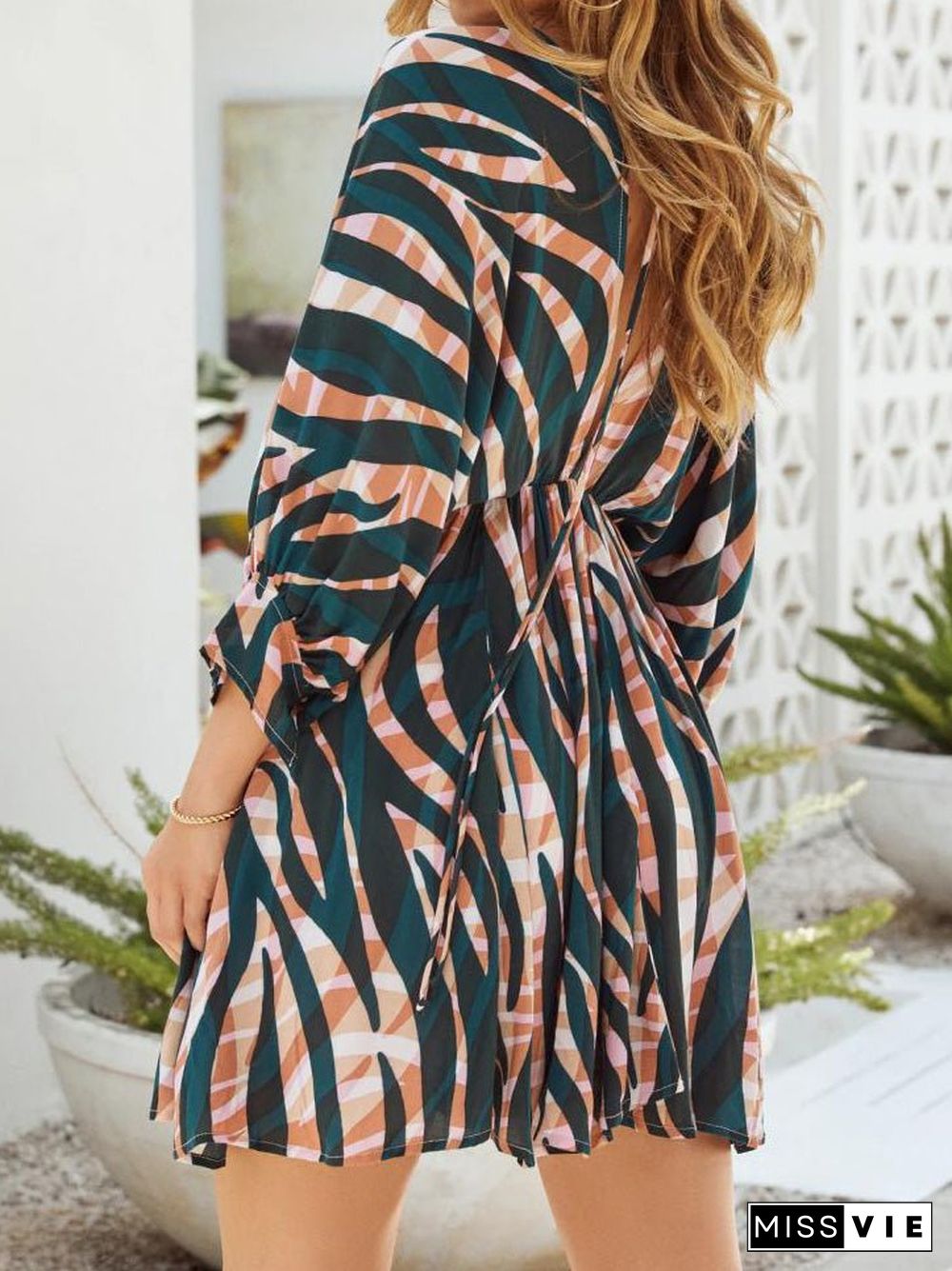 Women'S Dresses Stripe Print V-Neck Belted Long Sleeve Dress