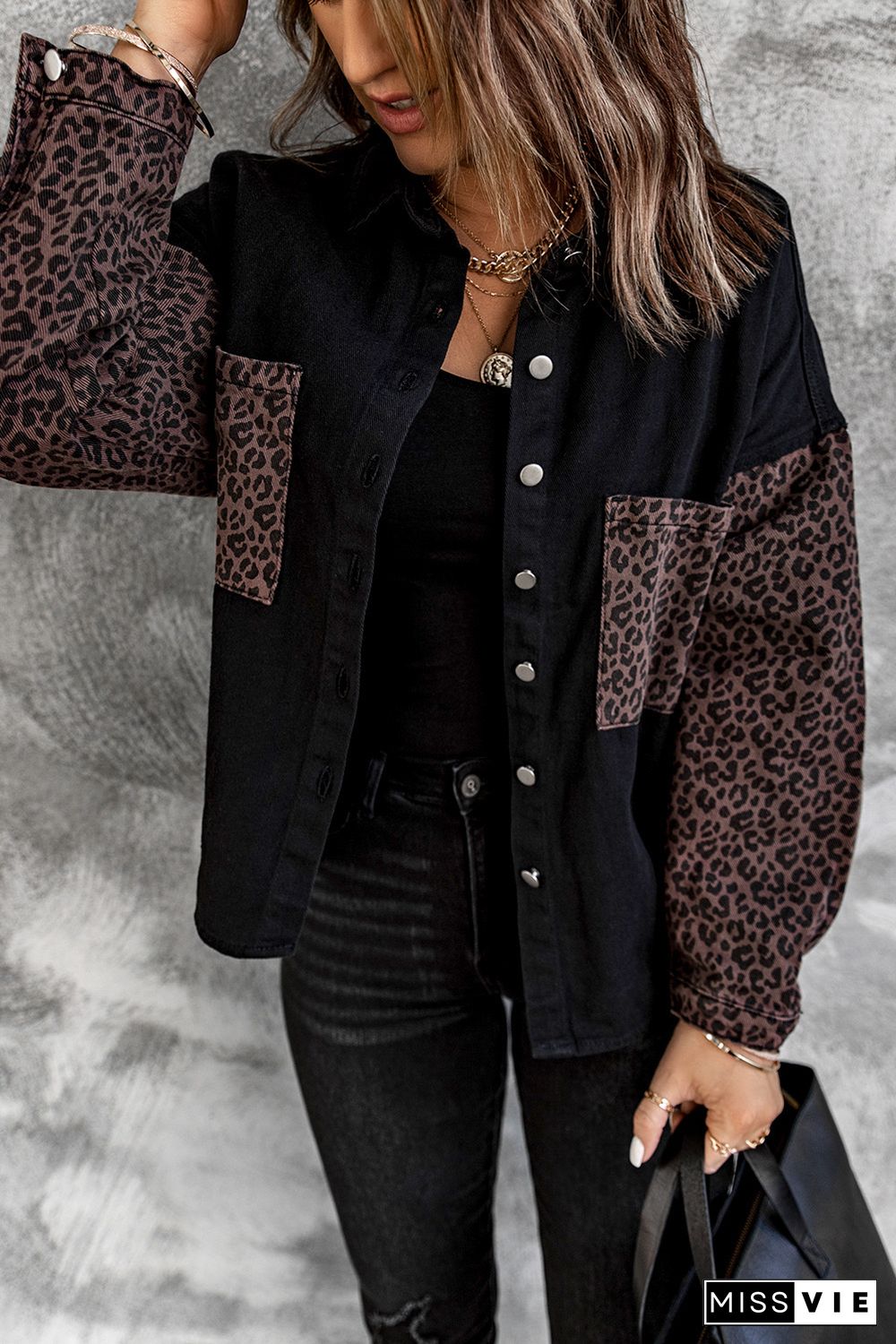 Black Contrast Leopard Denim Jacket