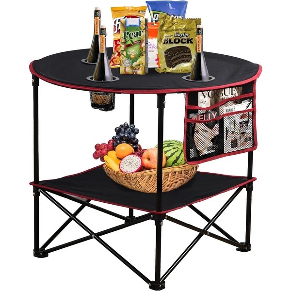 Folding Camping Table with 4 Cup Holders With Side Storage Bag，Black+red