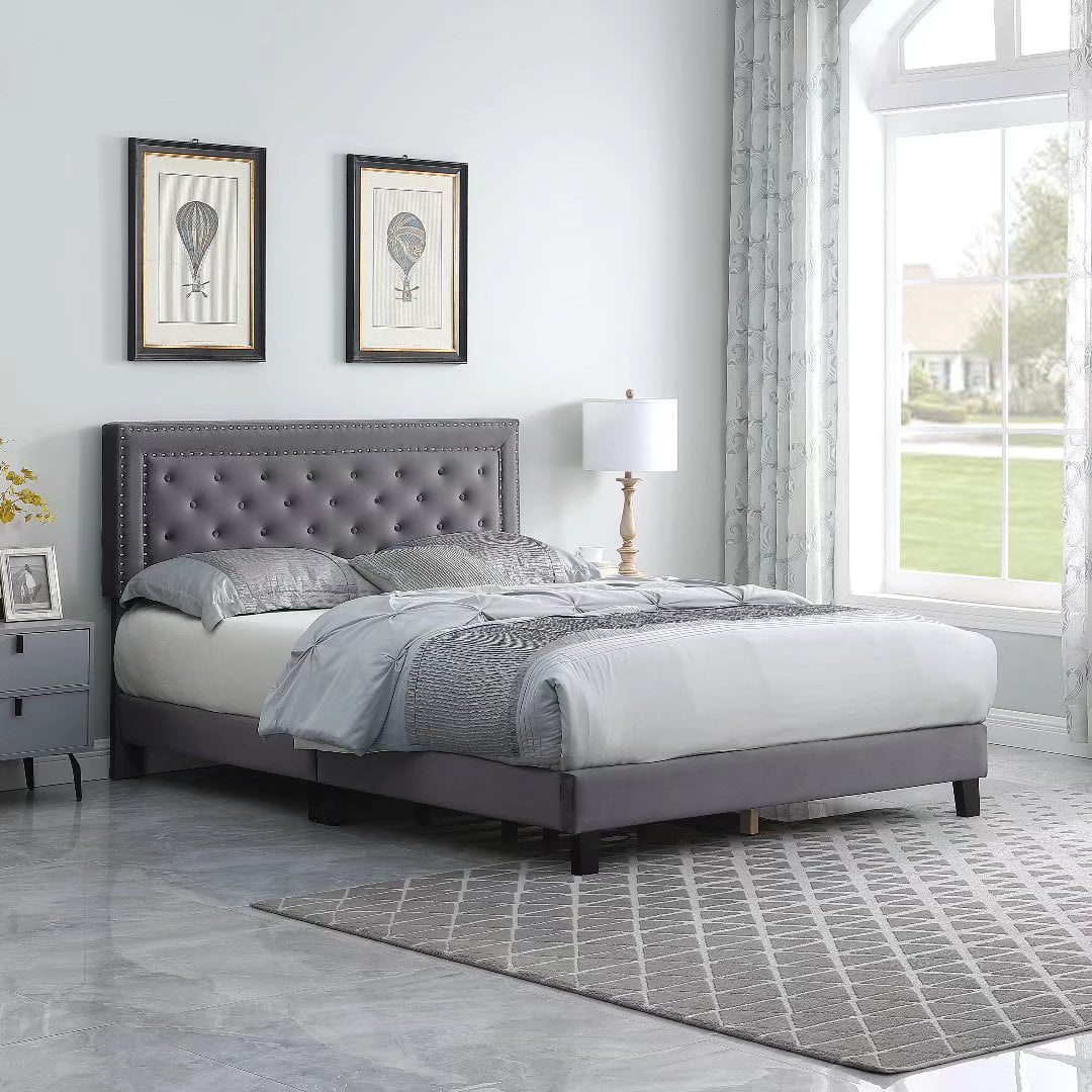 Morden Fort Queen Size Bed Frame with Upholstered Headboard Gray