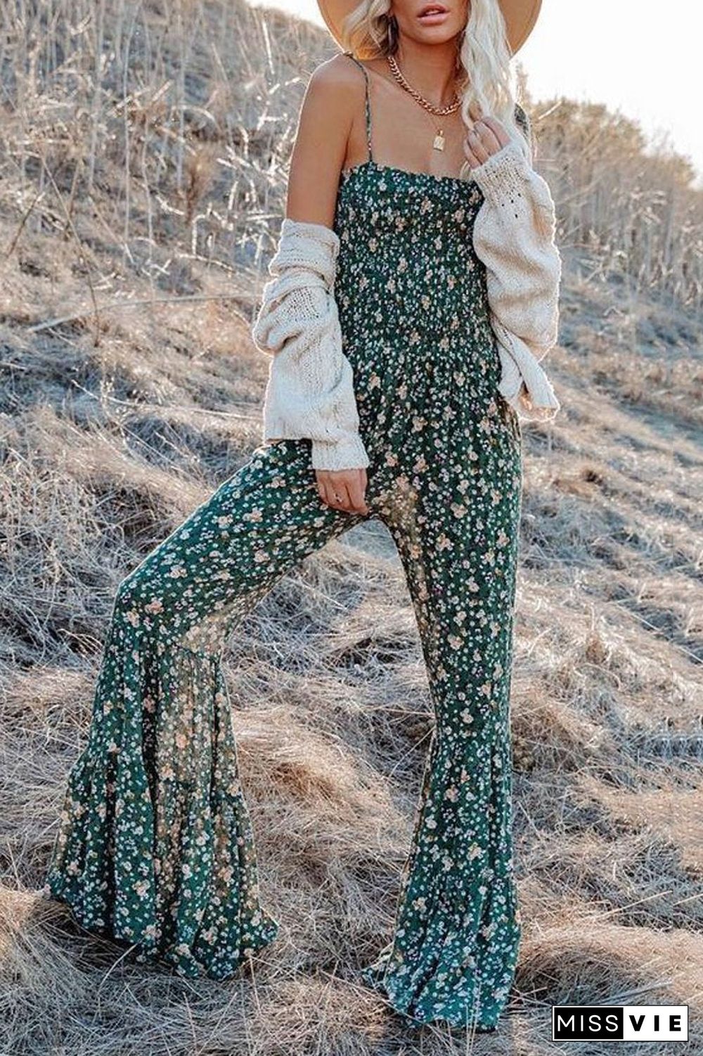 Floral Print Wide Leg Suspenders Jumpsuit