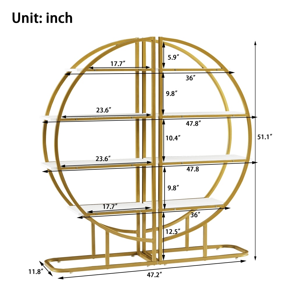 4 Tiers Home Office Round Shape Open Bookshelf Golden White