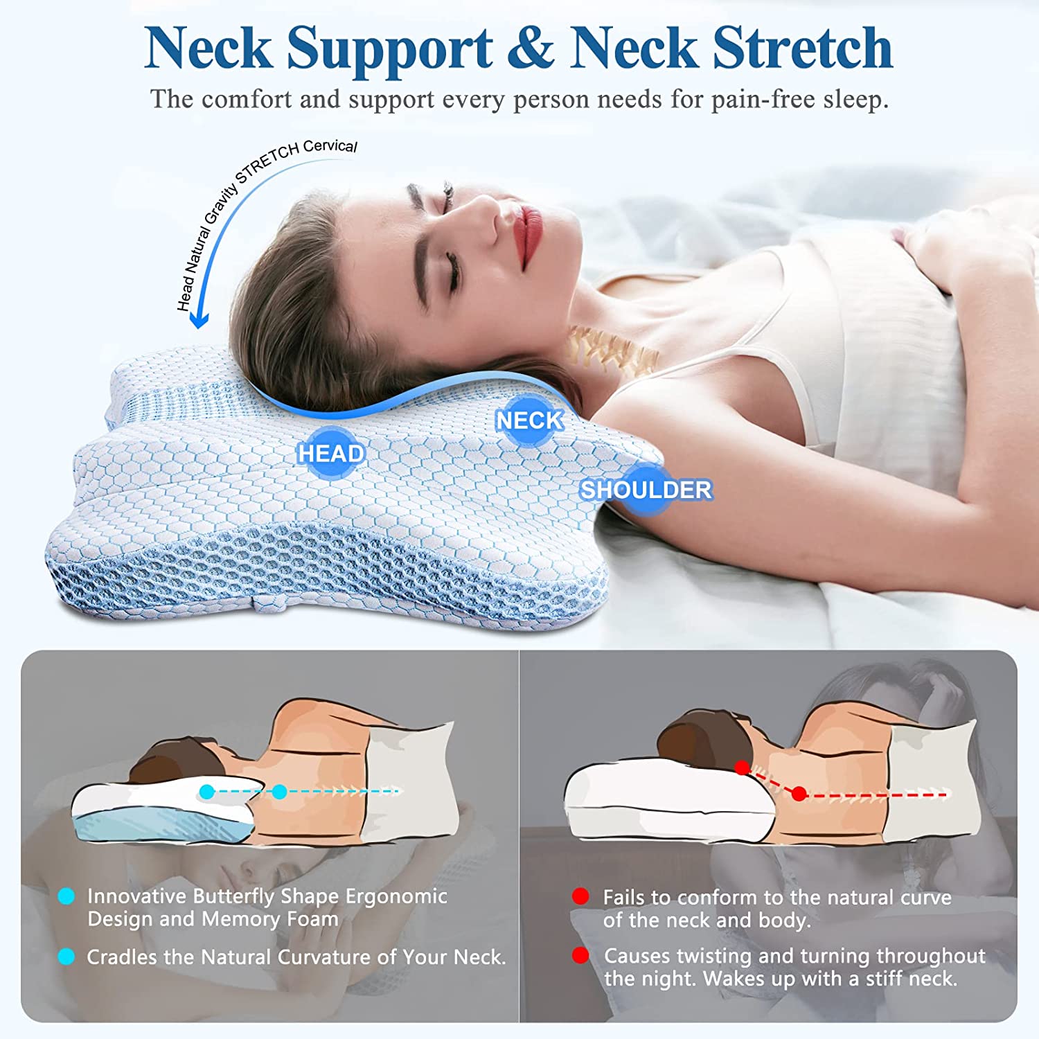 DIKI Cervical Memory Foam Pillow - Adjustable Contour Pillow for Neck Pain Relief, Orthopedic Neck Support Sleeping Pillow for Side Back Stomach Sleeper, Ergonomic Bed Pillow for Neck Pain, Blue White