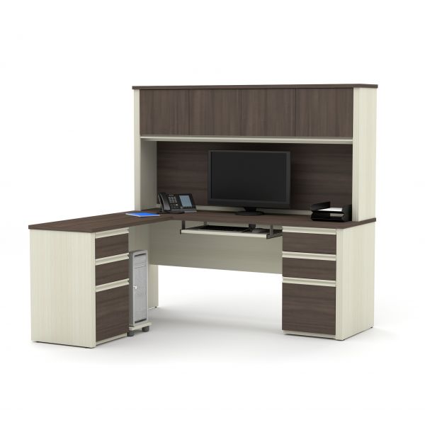 Bestar Prestige + L-shaped workstation including two pedestals in White Chocolate and Antigua