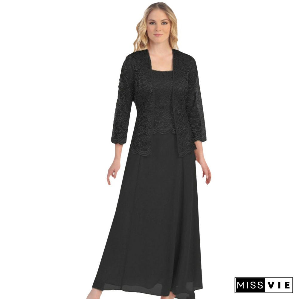 Plus Size 2-pieces Set Lace Cardigan Long Chiffon Dress Women Set