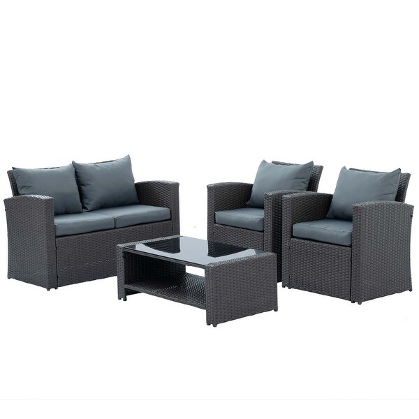 4Piece PE Wicker Patio Conversation Set with Cushions