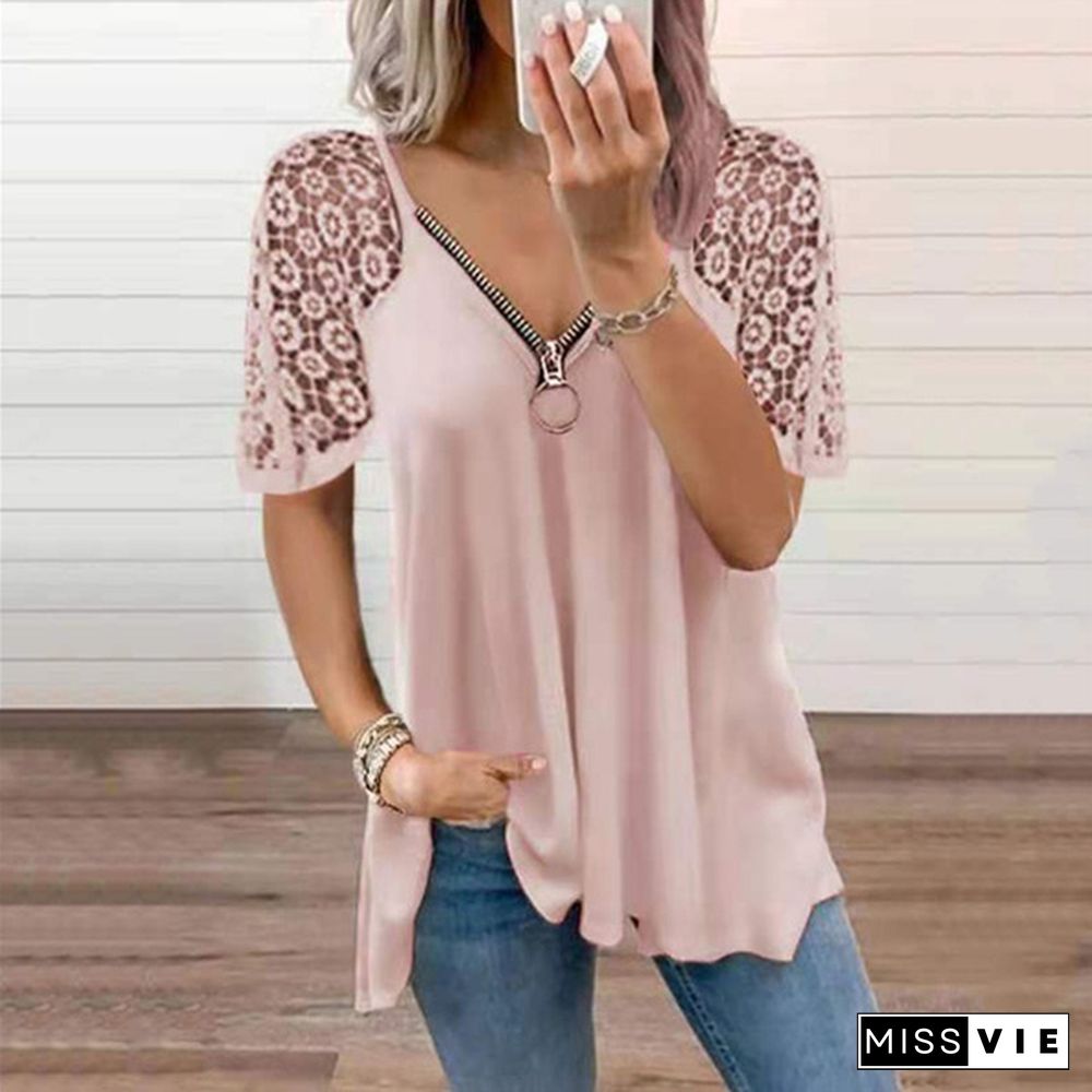 Summer Women's Lace Stitching Short Sleeve Tops Solid Color Loose T-shirt Fashion Casual Women's Clothing Plus Size Femmes