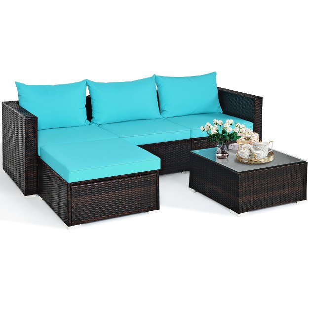 Costway 5pcs Patio Furniture Set Sectional Conversation Sofa Set W Coffee Table Blue