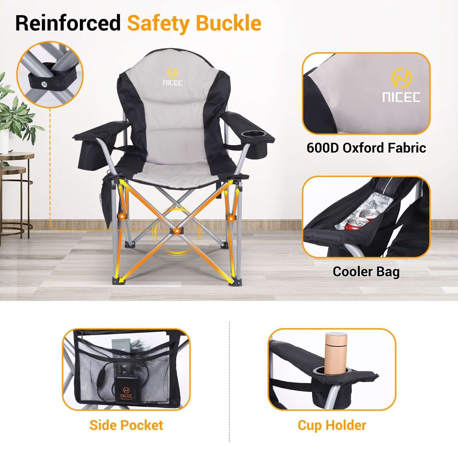 Nice C Heated Camping Chair， Heated Chair， Beach Chair， Folding Chair， Extra WideandThick Padding， Heavy Duty with Cooler， Armrest， Carry Bag， Cupholder and Side Pockets (Set of 1)