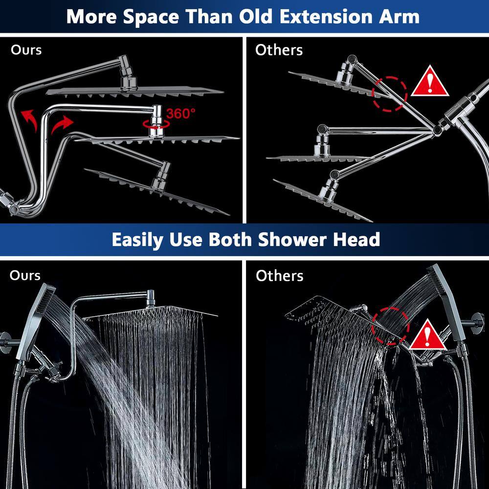 YASINU 1-Spray Patterns 10 in. Wall Mount All Metal Dual Shower Head with Shower Wand And 70