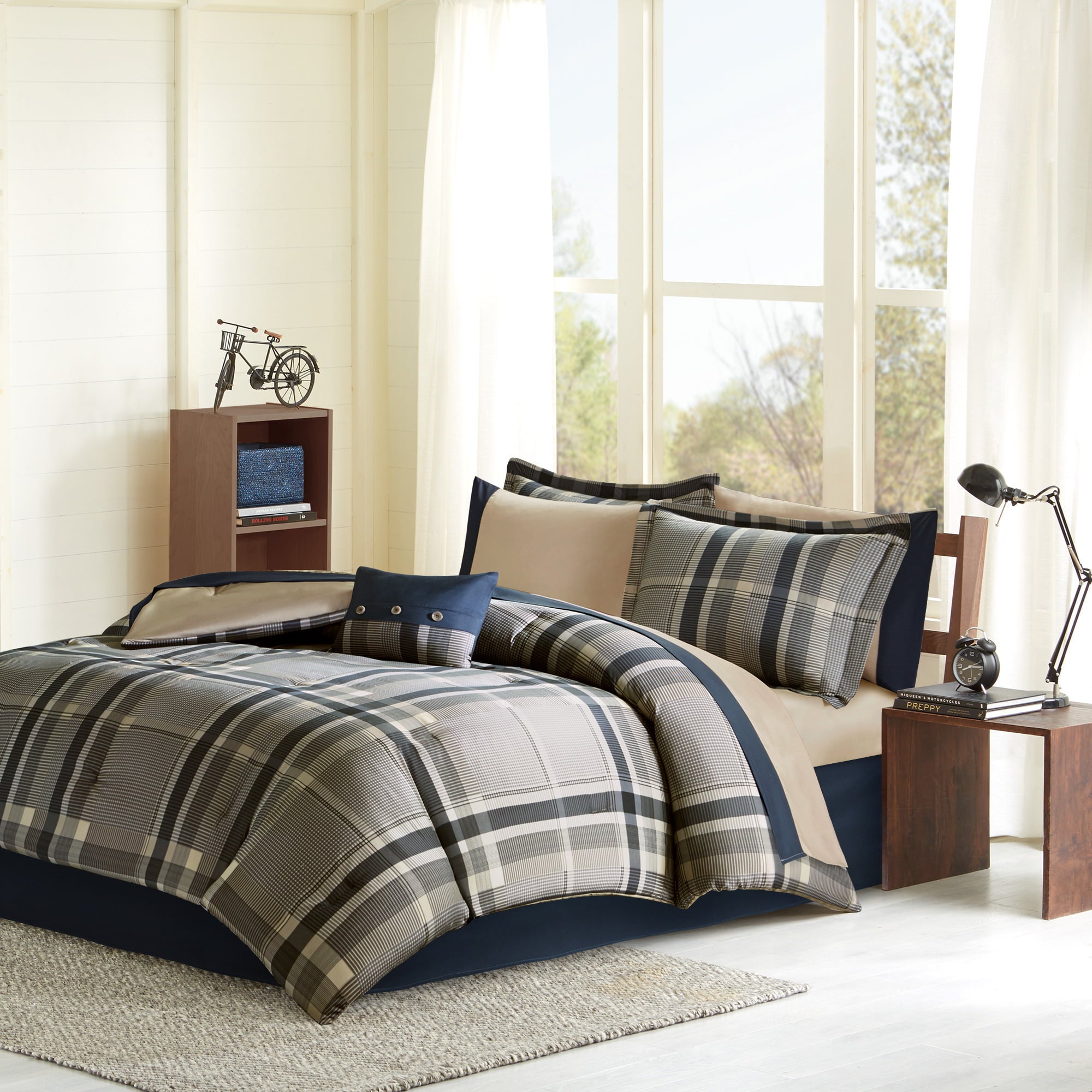 Home Essence Printed Navy Plaid 7 Piece Bed in a Bag Comforter Set， Twin