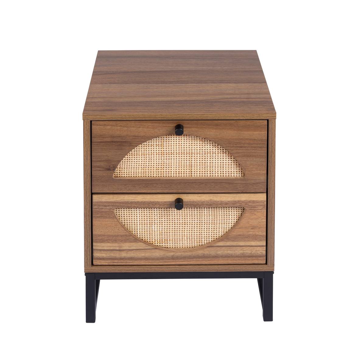 Rattan Nightstand Set of 2 Walnut End Table with 2 Natural Rattan Drawer