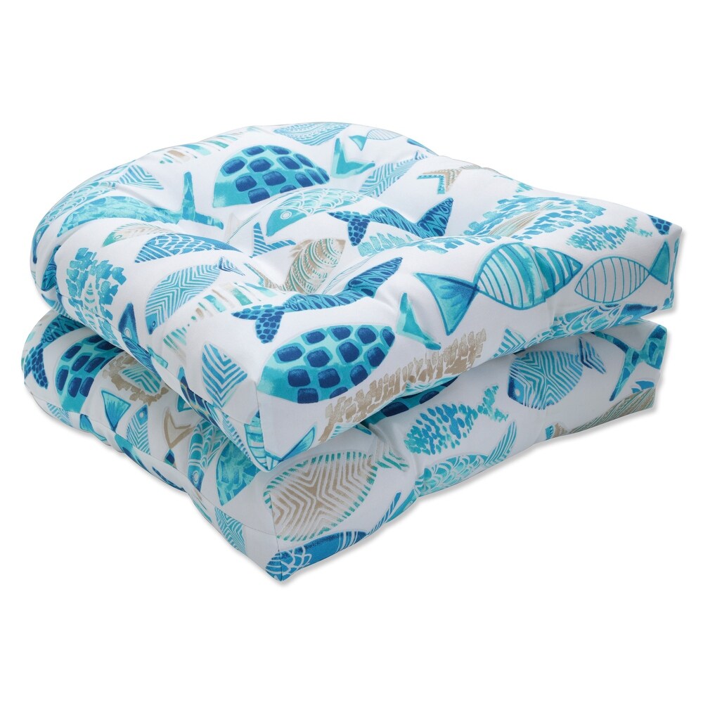 Pillow Perfect Outdoor Hooked Seaside Blue Wicker Seat Cushion (Set of 2)   19 X 19 X 5