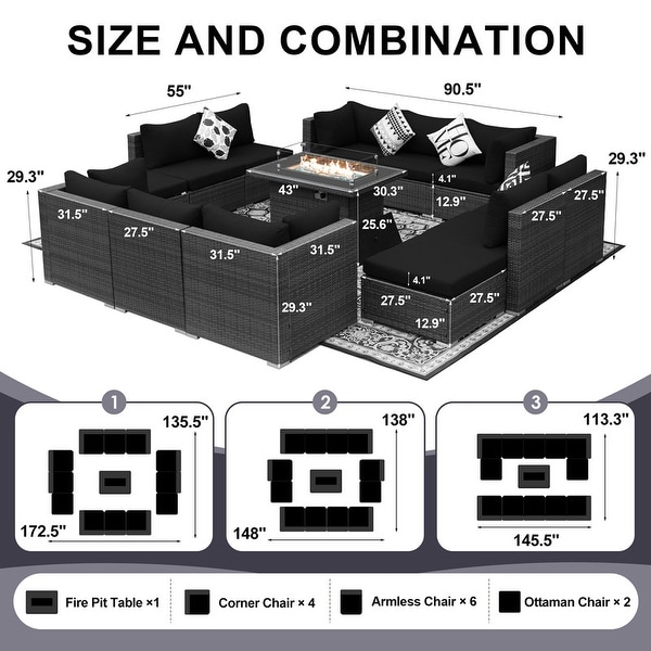 Nicesoul Outdoor Grey Wicker Sectional Furniture Patio Sofa Set with Firepit Table