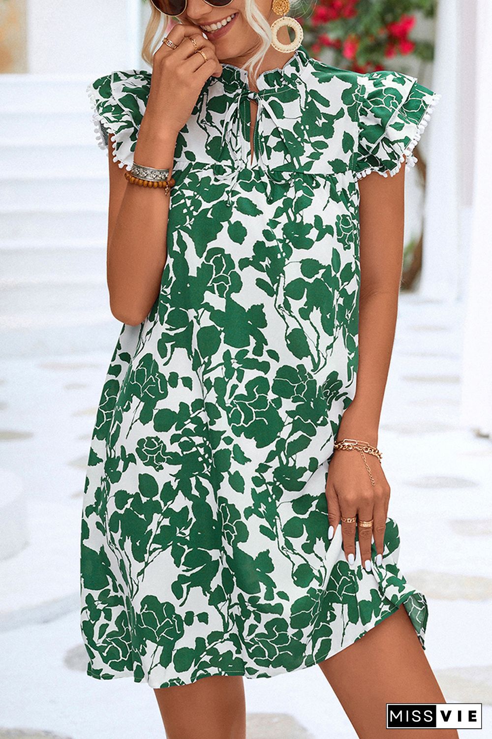 Split Collar Ruffles Floral Dress