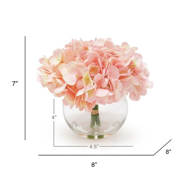 Artificial Hydrangea Flower Arrangement in Round Glass Vase 7in