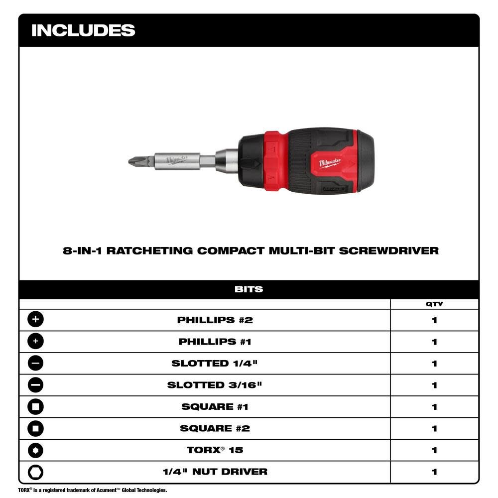 Milwaukee 8-in-1 Ratcheting Compact Multi-Bit Screwdriver 48-22-2913 from Milwaukee